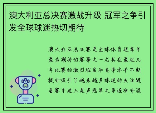 澳大利亚总决赛激战升级 冠军之争引发全球球迷热切期待