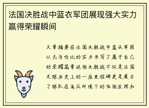 法国决胜战中蓝衣军团展现强大实力赢得荣耀瞬间