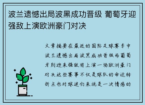 波兰遗憾出局波黑成功晋级 葡萄牙迎强敌上演欧洲豪门对决
