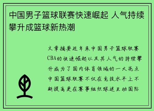 中国男子篮球联赛快速崛起 人气持续攀升成篮球新热潮