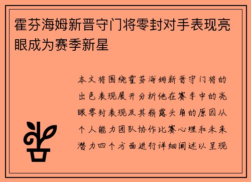霍芬海姆新晋守门将零封对手表现亮眼成为赛季新星