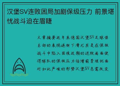 汉堡SV连败困局加剧保级压力 前景堪忧战斗迫在眉睫