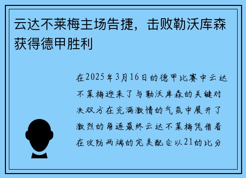 云达不莱梅主场告捷，击败勒沃库森获得德甲胜利