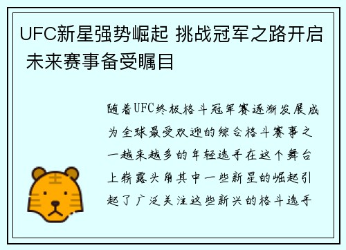 UFC新星强势崛起 挑战冠军之路开启 未来赛事备受瞩目